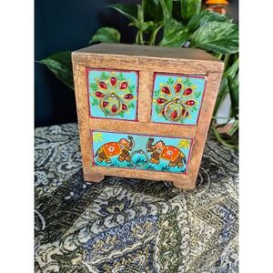 Hand Painted Wood Elephant Jewelry Box Boho Folk Art 3 Drawer Chest